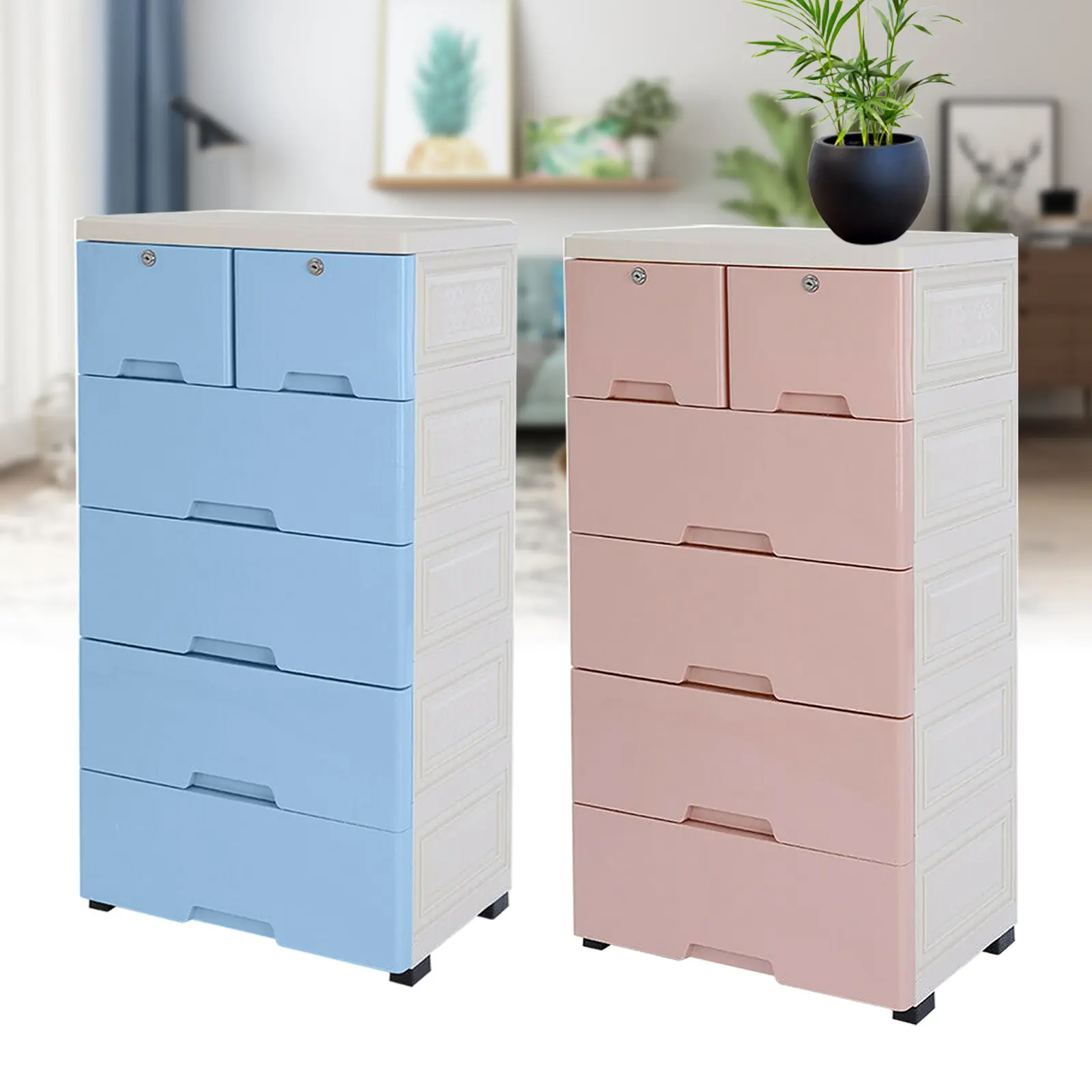 Modern 6-Drawer Plastic Drawer Chest Dresser, Safe Lockable Minimalist Tower, Clothes Organizer Cabinet for Bedroom, Blue & Pink Indoor Cupboards & Cabinets Furniture, Minimalist Drawer Tower