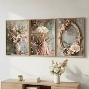 3 Pieces Optional Wooden Frame Pink Cherry Blossom Rose Peony Paris Flower Landscape Wall Art Canvas Painting Romantic Wall Poster Picture For Living Room Home Decor HD Giclee Wall Poster