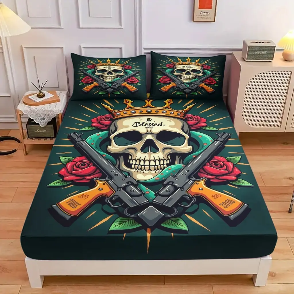 3-Piece Comfortable Skull Tattoo Pattern Bed Hat Set, High-Definition Digital Printing, Soft And Breathable, 100% Polyester Fiber, Perfect Gift For All Seasons, Suitable For Family And Friends. Clearance Sale