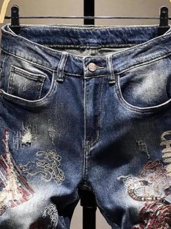 Men's Distressed Embroidered Jeans