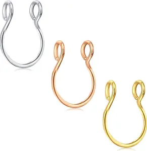 3PCS 20G Fake Septum Nose Rings Set Fake Nose Rings Hoop Nose Rings Gold Rose Gold Silver 8mm Non Pierced Clip Nose Ring Faux Body Piercing Jewelry for Women Men fake septum