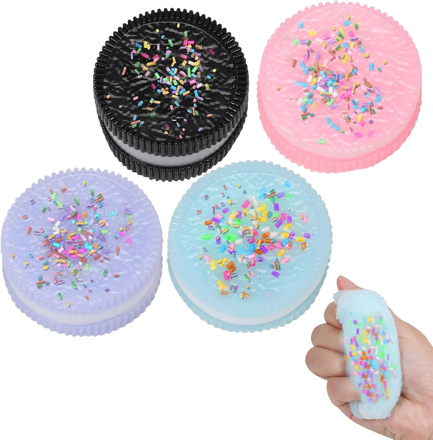 Summer Spring Gift 4pcs Handmade Soft Cookie Squishy Silicone Stress Relief Squishy Toy Pink Cookie Dessert Squishies Fidget Toy Stress Relieving Fur Ball OPP Packaging Gifts