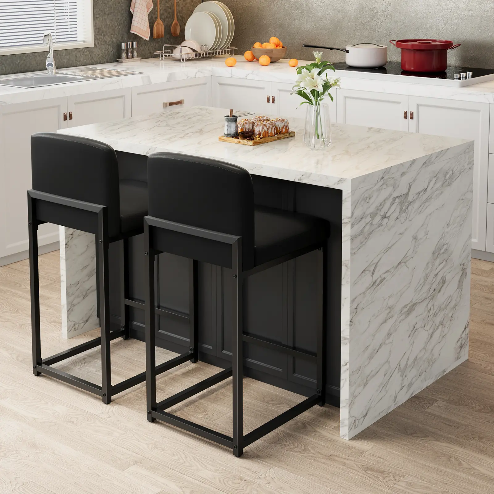 2 Pcs Modern Counter Height Bar Stools with Backrest and Footrest, PU Leather Upholstered Bar Chairs, Ergonomic Tall Stool Furniture for Kitchen Island Dining Room Home Bar