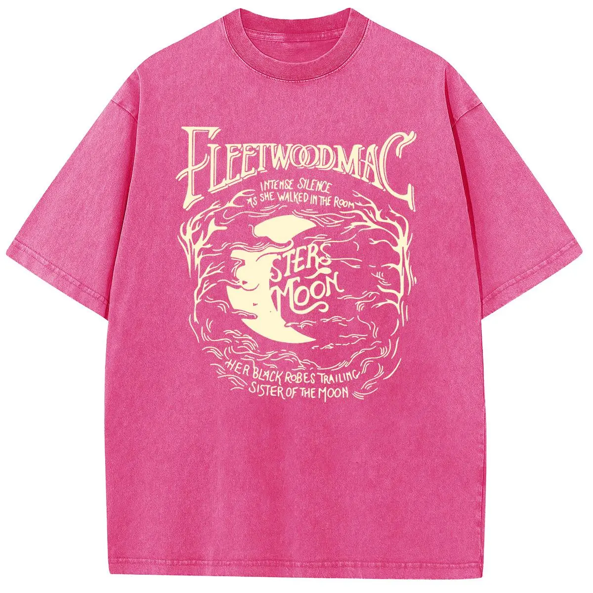 Women's Sunland Vintage Moon Pattern Acid Wash Heavyweight Cotton Round Neck Short-Sleeve Casual Streetwear T-Shirt - Lady's Trendy Sporty Chic Pink Top with Great Fit for Outdoor Enthusiasts, Shortsleeve, Tshirt, Thanksgiving, Easter, Valentines Day, Loo