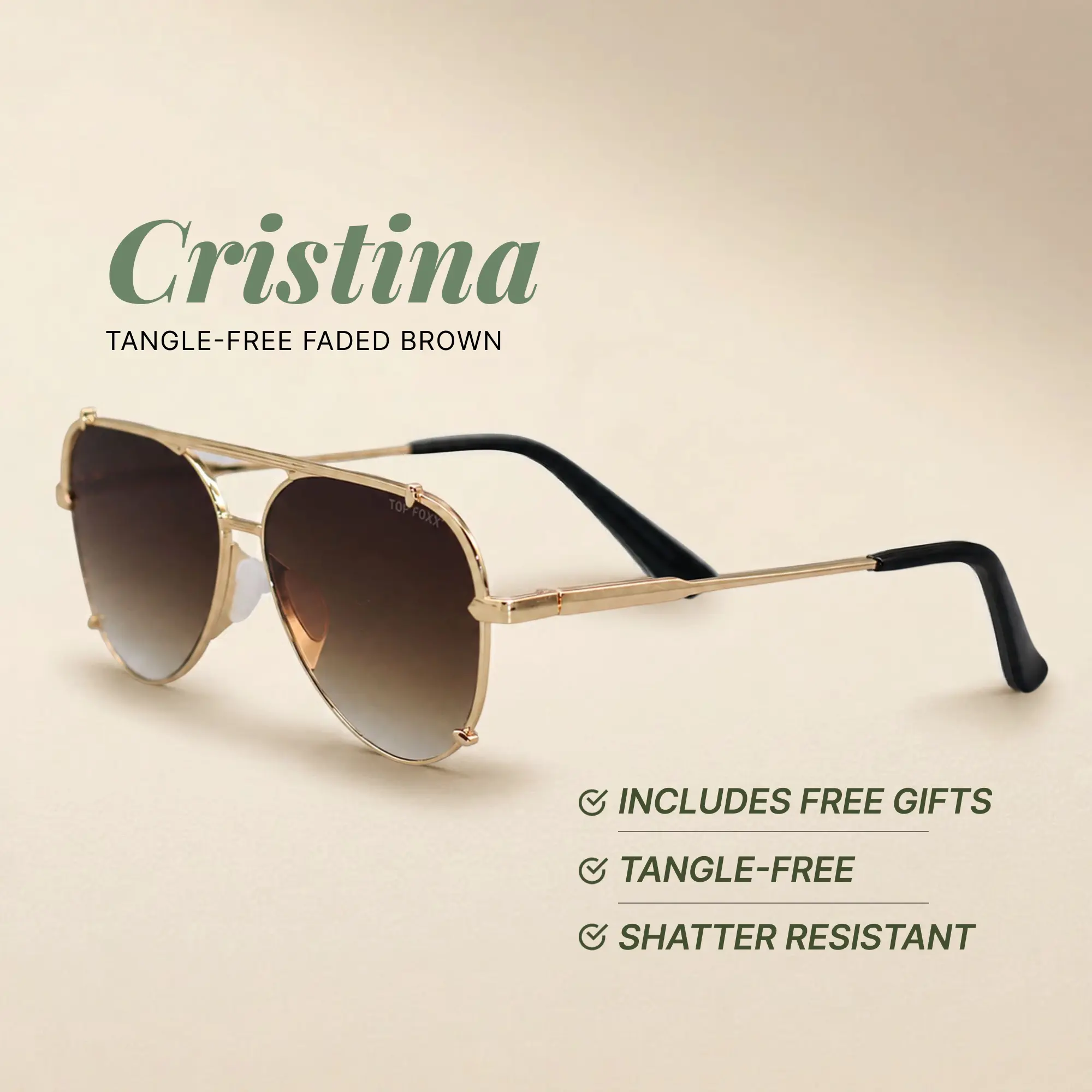 Cristina - Faded Brown Tangle Free Round Aviator Sunglasses - Certified Shatter-Resistant Lenses - UV400 - For Women & Men