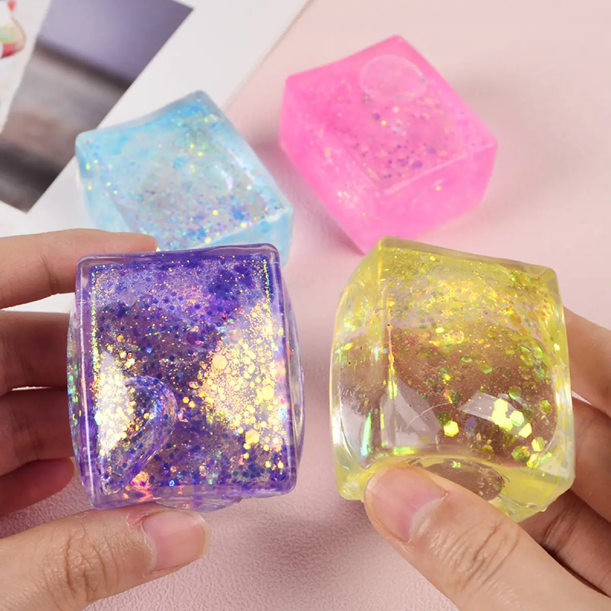 BPA-Free 4-Piece 1.5-Inch Square Jelly Sensory Cubes - Non-Toxic Soft Translucent Resin, Soft Texture, 4 Vibrant Colors, Stress Reliever Fidget Toys, Color Recognition, No Battery Needed, ADHD Focus Boost Party Bag Gifts for Home Festive Supplies