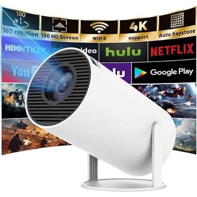 HY300 Mini Projector , 4K Support Smart Portable Projector Auto Keystone , 180 Degree Rotation, Home Video Projector 180 °   Rotatable Audio Automatic Bluetooth Connection Noise Wireless