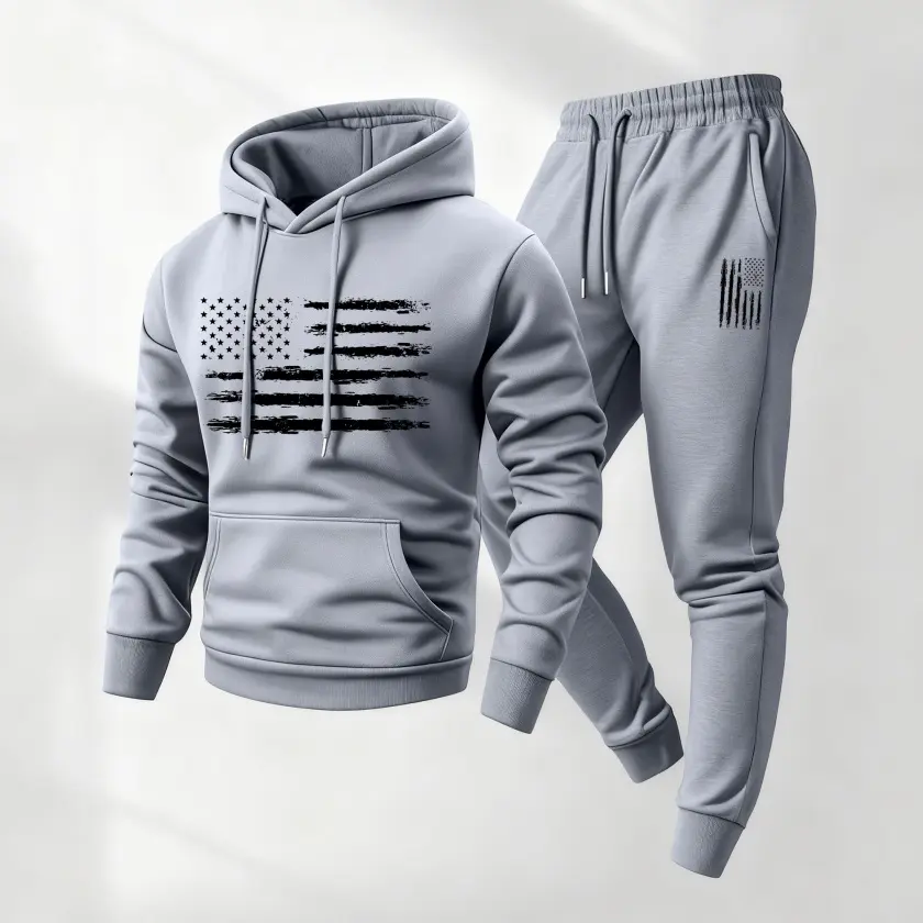 Men's 2-Piece American Flag Print Tracksuit - Hooded Long-Sleeve Jacket & Drawstring Sweatpants, Casual Sweatsuits, Workout Gym Clothing, Male Clothing, Mensfashion, Breathable Athletic Activewear for Fall/Winter Daily Use