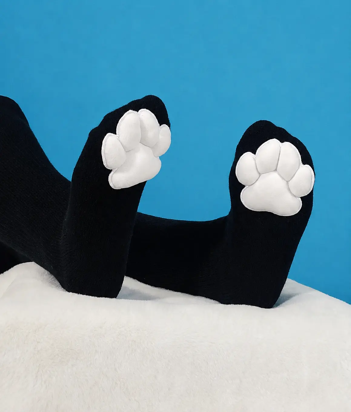 White Mochi Stuffed Puffy Paw Pad Beans on Black Thigh High Stockings