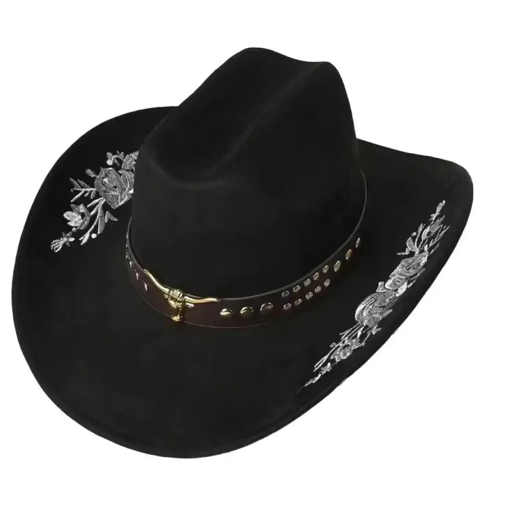 Unisex Embroidery Cowboy Hat - Wide Brim, Cattle Head Belted Wool Felt Jazz Cap for Party Wear