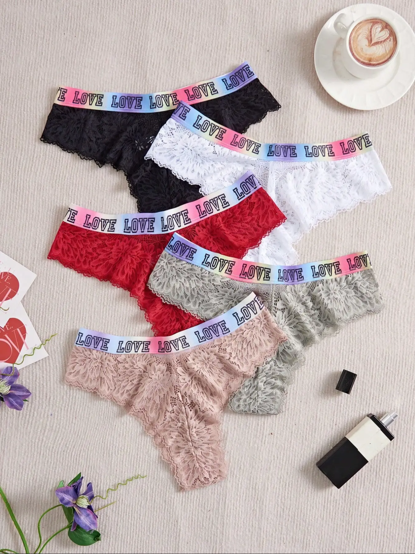 5pcs Women's Floral Lace Rainbow Patchwork Low Waist Thongs, Lingerie, Casual Panties, Breathable Panties, Comfortable All Season Everyday Underwear, Sexy Fitted Design