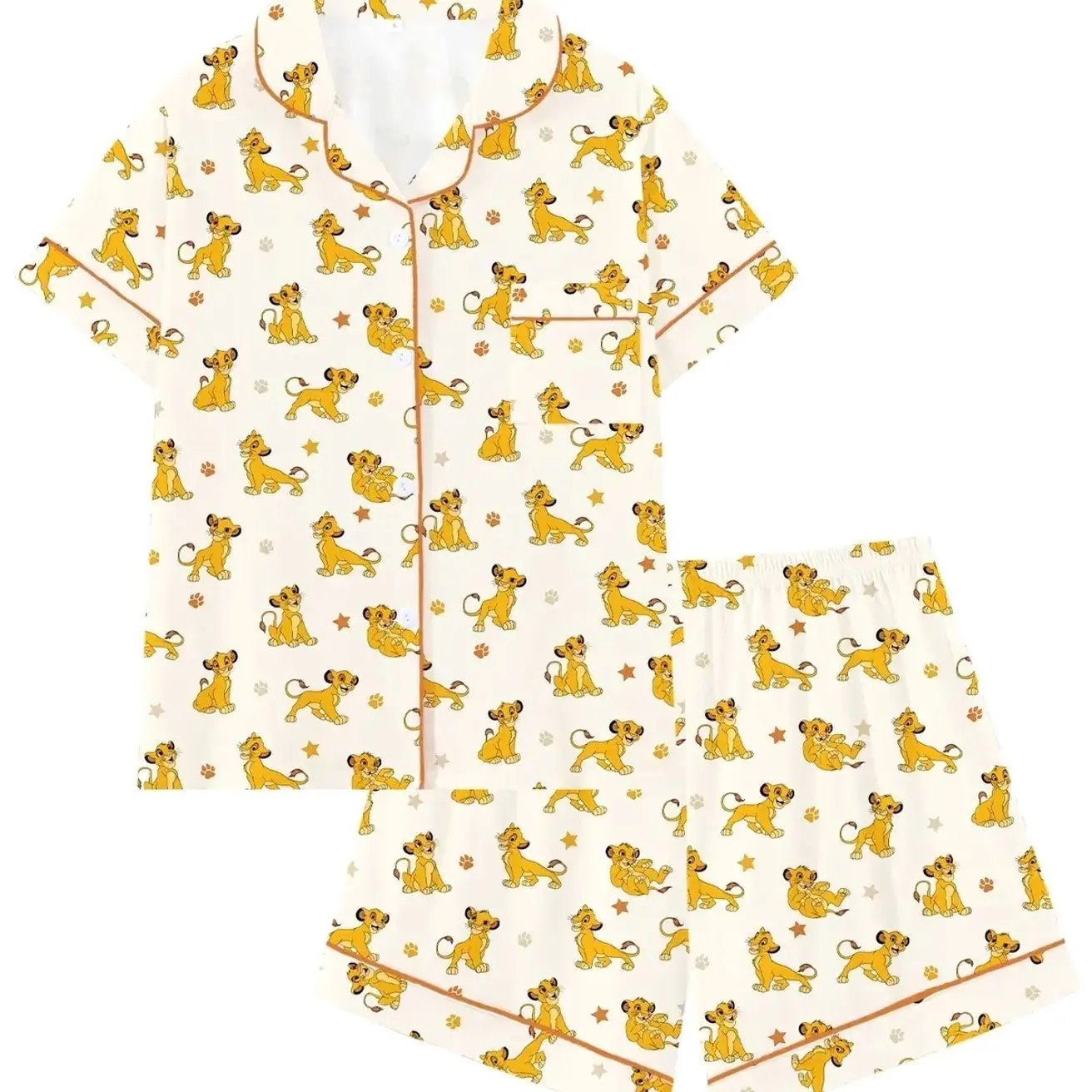 Lion Animal Print Short Sleeve Pajama Set, Pjs, Pyjamas, Matching Pajamas, Comfortable Sleepwear Loungewear Homewear for Home and Outdoors, Perfect Gift for Relaxing Nights