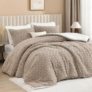 King Comforter Set, Soft Khaki Fleece Warm Bedding for Winter, Luxury Boho Thick Fuzzy Plush Bed Set 3 Pieces(1 Shaggy Comforter, 2 Pillowcases)
