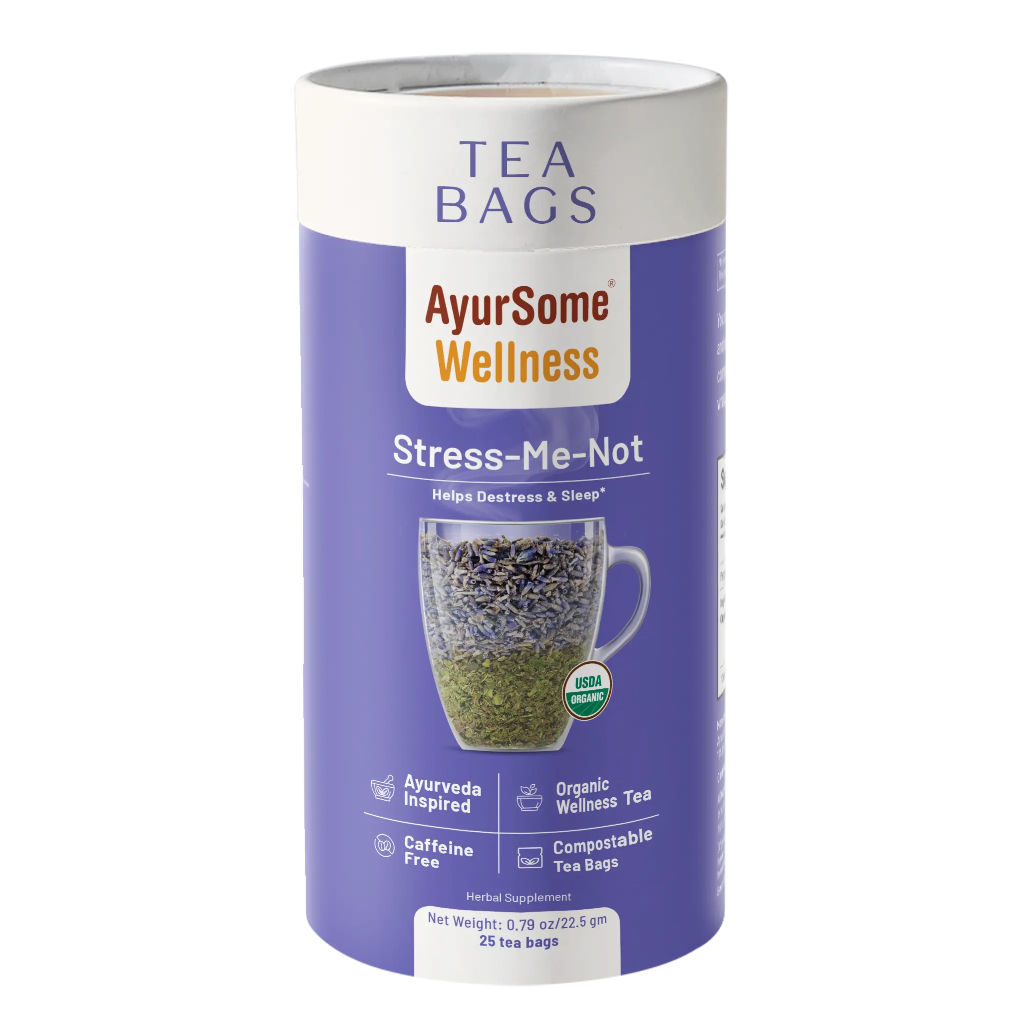 Organic Lavender & Lemon Balm Tea blend, Helps Destress & Sleep*, AyurSome Wellness Stress-Me-Not, Herbal Caffeine free, 25 Compostable Tea bags
