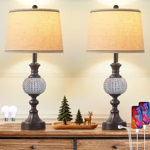 28" Set of 2 Farmhouse Table Lamps for Living Room, Rustic Nightstand Lamp with USB +C Charging Ports and Crystal Balls Decor for Bedroom End Tables Entryway (Included 2 Bulbs)