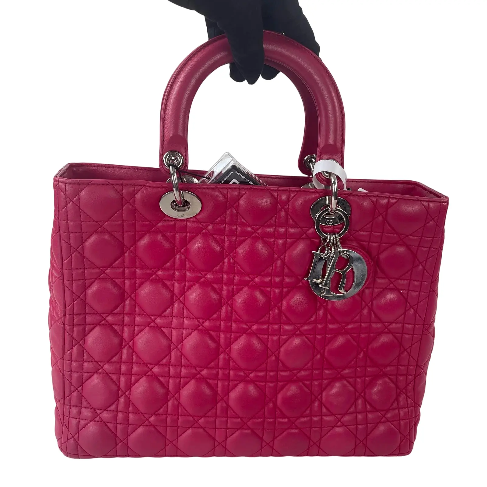 Pre-owned Dior leather Tote Bags Christian Medium Lady Tote Bag, Fuchsia Pink Cannage Lambskin, Silver Tone Hardware+charm rrr