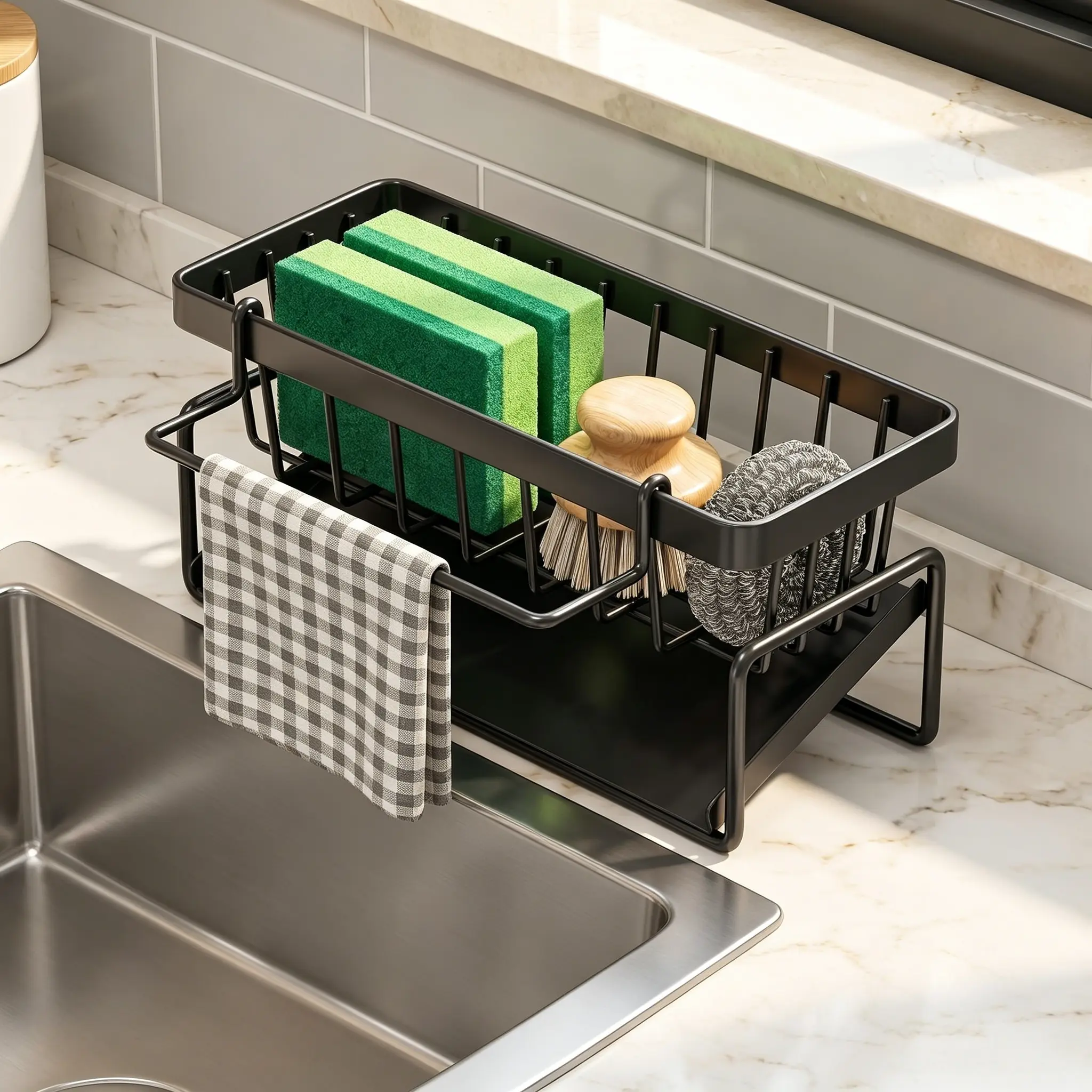 Kitchen Sink Caddy, Sponge Holder for Kitchen Sink, Kitchen Sink with Self Draining Tray, Carbon Steel Towel Holder, Dish Cloth Holder, Super Organiser for Kitchen and Bathroom Cleaning Modern
