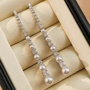 Sparkling Zircon Tassel Long Pearl Dangle Earrings Light Luxury Designer Jewelry Perfect Gift for Her shell pearl