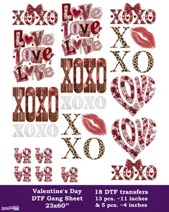 Valentine's Day DTF Gang Sheet: 18 Ready To Press Transfers - 23x60, 13 Big & 5 Small, Full-Color Printing, Same/Next Day Shipping