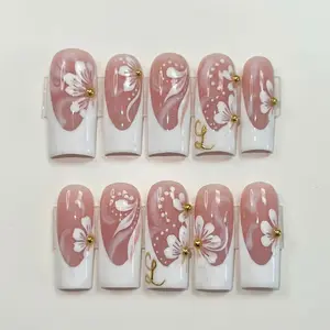 White French Floral Press On Nails | Hand-Painted Swirl Design | Elegant Luxury Reusable Gel Nail Set