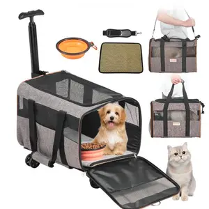 VEVOR Cat Carrier with Wheels, Airline Approved Rolling Pet Carrier with Telescopic Handle and Shoulder Strap, Dog Carrier with Wheels for Pets under 22 Lbs, with 1 Folding Bowl, Grey Does not apply