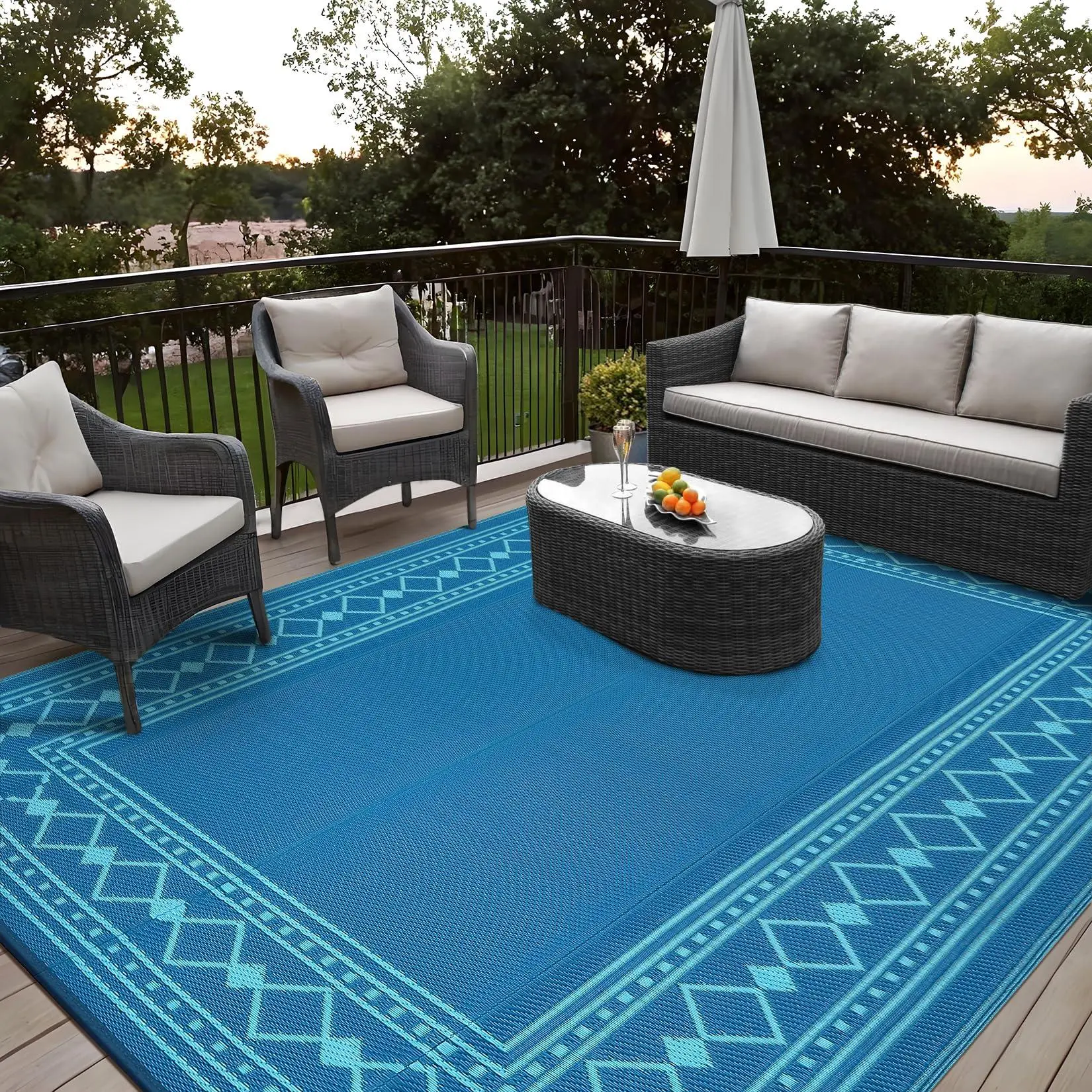Gaomon Turquoise Large Size Rectangular Geometric Outdoor Rug (9x18), Waterproof Reversible Polypropylene Straw Rug with Border Print, Modern Mat for Backyard, Balcony