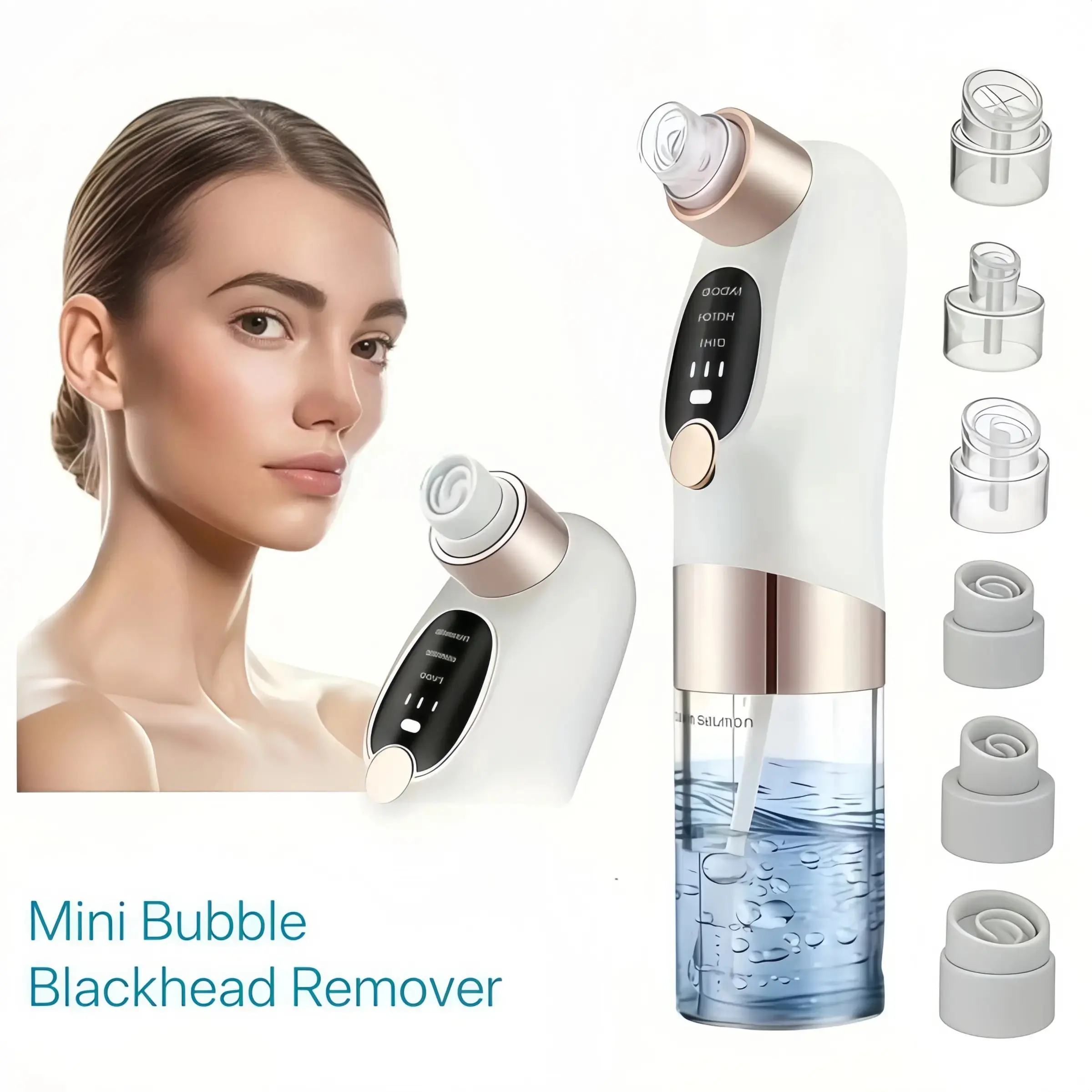 Six black-head removal devices, vacuum-powered black-head and pore cleaner, USB-charged mini bubble beauty device, activates heating mode, press the power button for 3 seconds continuously. Automatically maintains a constant temperature of 46°C.