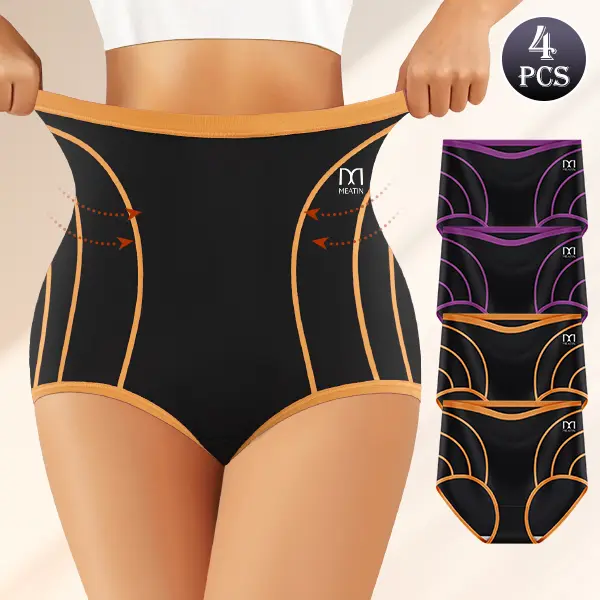 4-Pack Women’s Contrast-Piping High-Rise Briefs, Black Stretch Underwear with Paneled Design, 2 Orange-Trim and 2 Purple-Trim