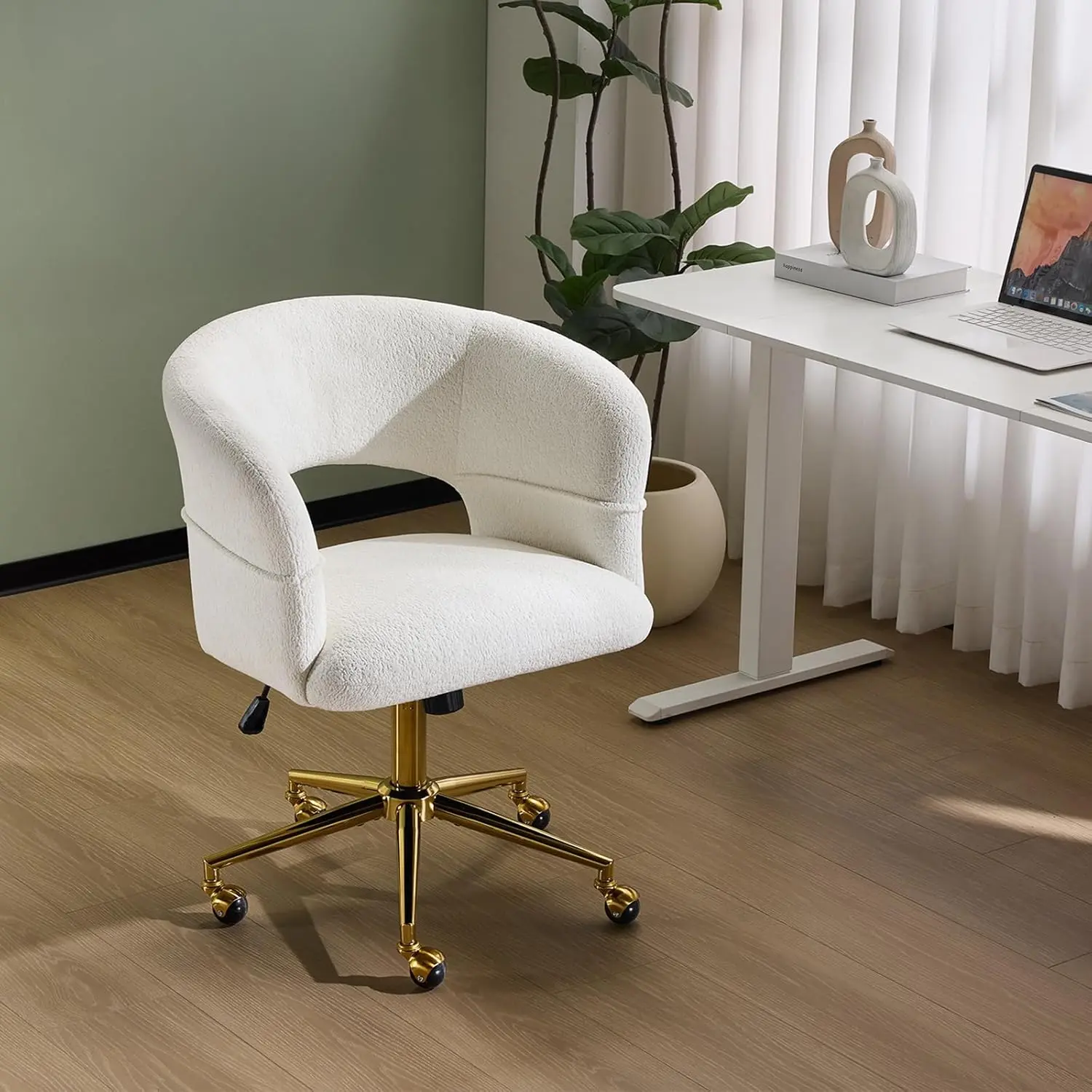 VINGLI Modern Curved Velvet Chenille Office & Vanity Chair - White, Upholstered Nailhead Design, Wheel-Based 360° Swivel Rotating Desk Chair, Gold Base, Tilting Function, for Bedroom & Makeup Use, Chair For Vanity, 360° Desk Chairs