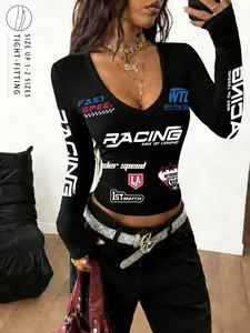 Women's Black V-Neck Tight-Fitting Long Sleeve Racing Graphic T-Shirt, Y2K Inspired Racer Style, Perfect for Clubbing, Concerts, and Trendy Night Outfits