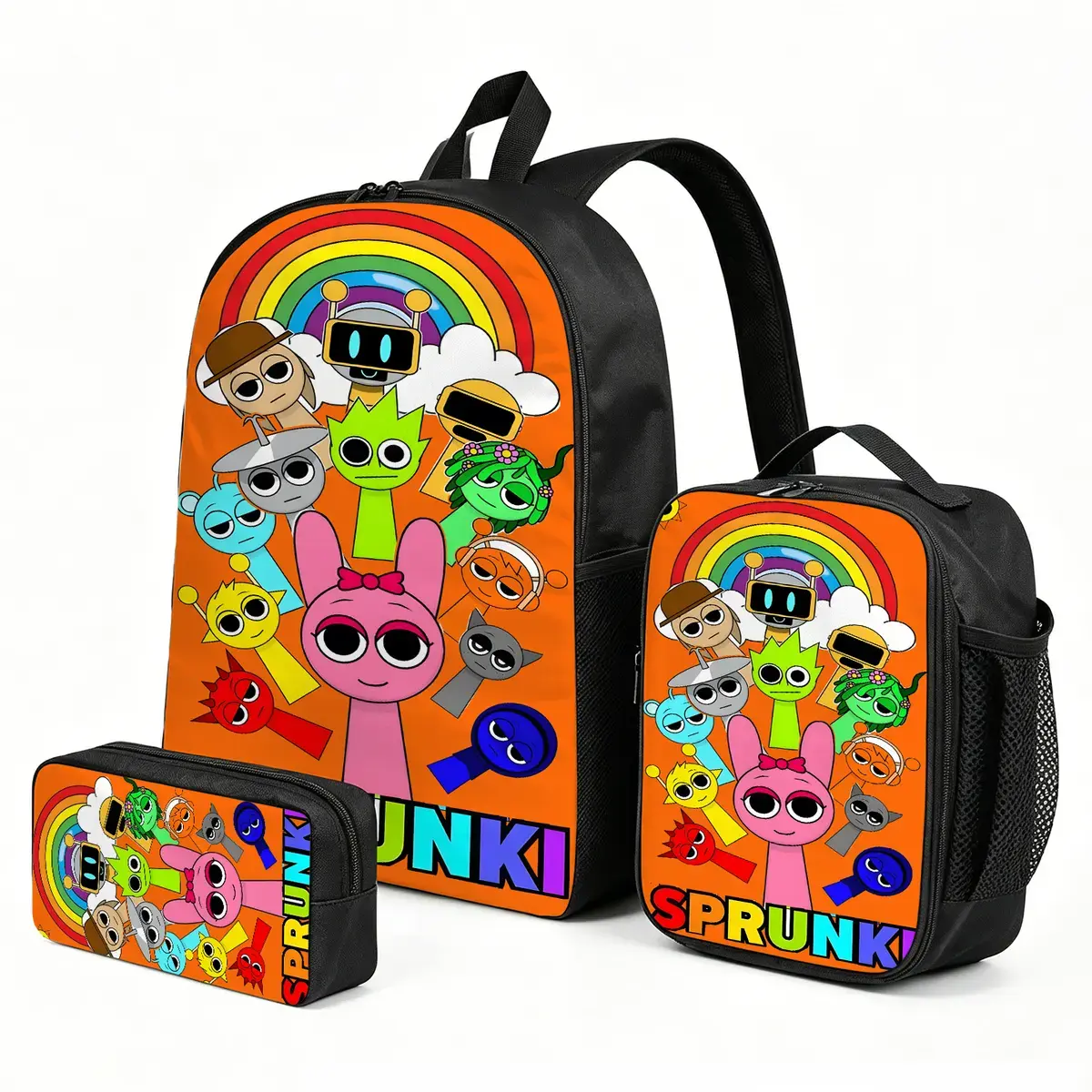 Incredibox-Sprunki 3-Piece Cartoon Graphic Backpack Set - Kids' Zip Bookbag, Lunch Box, Pen Pouch Combo Holiday Gift (Crossbody/Shoulder Bag Option), Large Capacity, Adjustable Padded Straps, No Wheels, School/Daycare, Sprunki Print