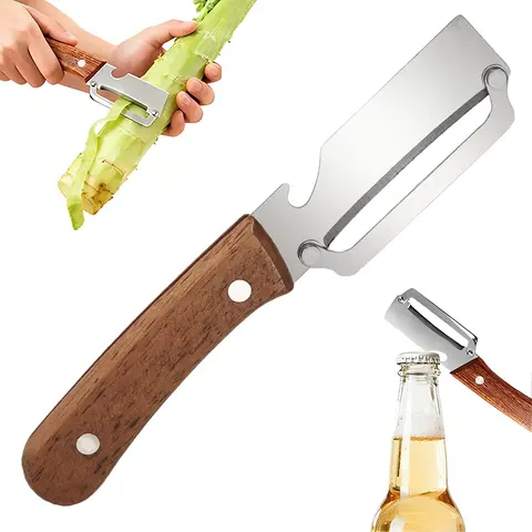 Multi-Functional Stainless Steel Curved Blade Peeler with Wooden Handle - Kitchen Utensils, Balanced Control, Comfortable Grip, Convenient for Opening Bottles, Potato & Fruit Prep Tool for Colleagues