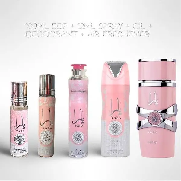 Yara Bundle – 100ml EDP + 12ml Spray + Oil + Deodorant + Air Freshener – Complete Long-Lasting Set for Women