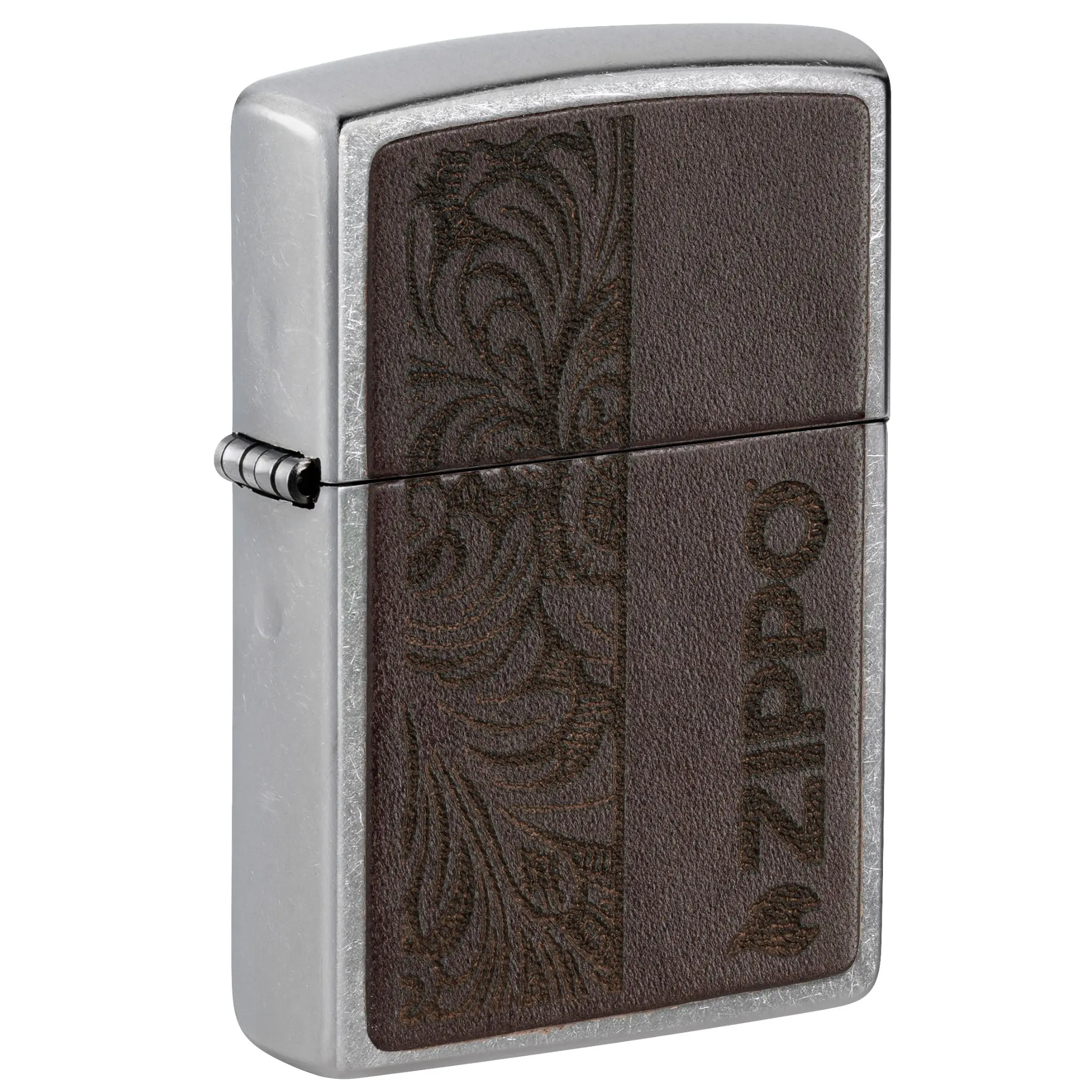 Zippo Brown Leather Emblem - Zippo Design Street Chrome Pocket Lighter - Made in USA - Unfilled (fuel sold separately)