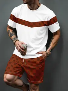 Summer Breathable Elastic Men's Casual Set, Patchwork Letter Print Tee + Shorts, Daily/commute/vacation Two-Piece