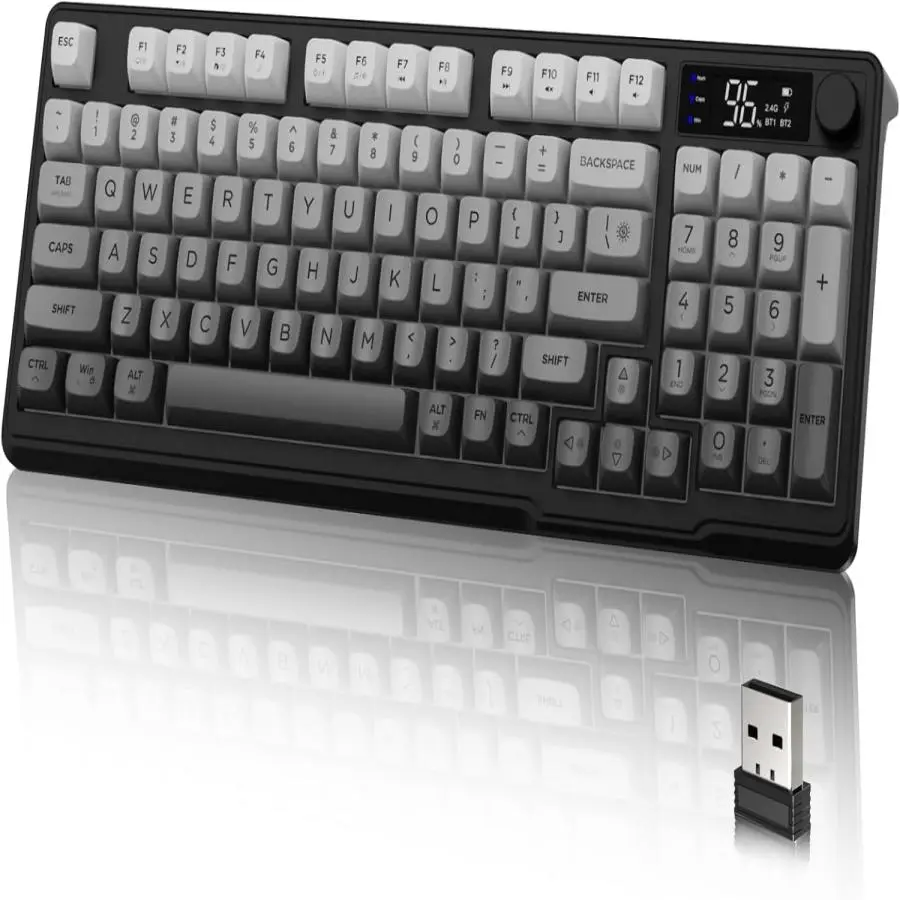 M96 Wireless Keyboard, Low Profile Quiet Typing Membrane Gaming Keyboard with Smart Display & Knob, RGB Backlit, Lighted Keyboard, Silent Keyboard, USB C Rechargeable, 94 Keys PBT Keycap for Windows PC,Mac, Rechargeable Backlight Keyboard