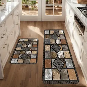 Kitchen Floor Mat, 28x17 or 48x17inch Classic Geometric Stone Pattern 2D Printed Carpet, Non-woven Fabric Material Is Soft, Comfortable and Easy To Clean, Suitable for Bedroom, Bathroom Entrance Laundry Room Home Decorative Rugs Household Decorative Rug