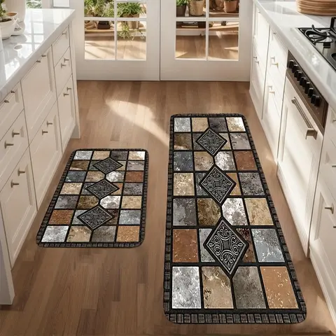 PINSOUL New Upgrade Bicolor Anti-Slip Grip Kitchen Runner Rug - Classic Geometric Stone Pattern, 2D Printed Non-Woven Fabric, Soft Comfortable Easy-to-Clean Household Decorative Rug for Indoor Floors, Bedroom, Home Decor Items