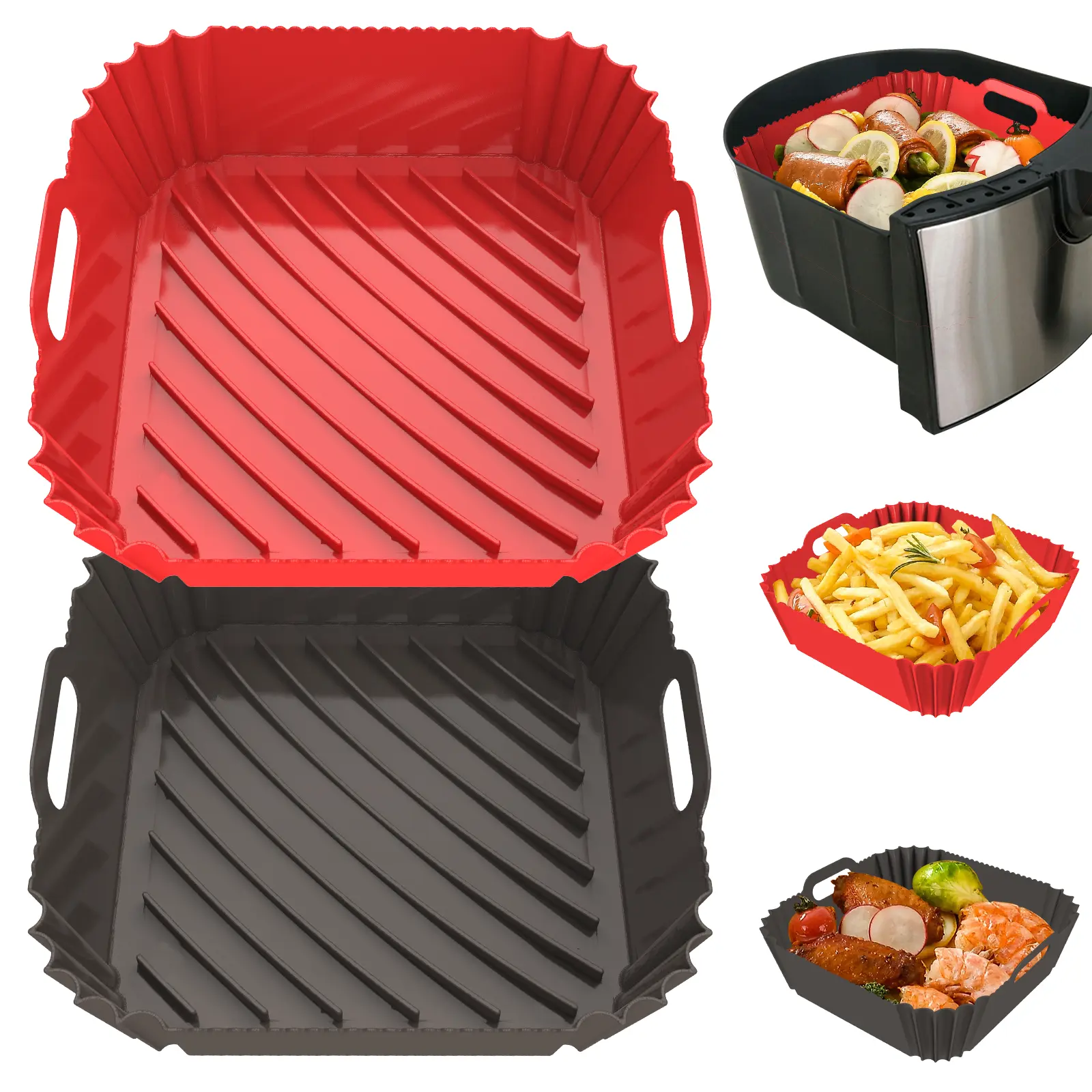 2 Pack Silicone Air Fryer Liners Square for 4-10 QT, Heat Resistant Pot Oven Liners Reusable Baking Tray Mat Kitchen Accessories Home Cooking Utensils