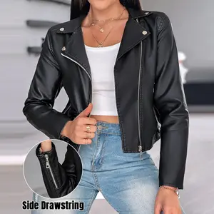 ChicMe Women's PU Leather Notched Collar Long Sleeve Zip Up Biker Jacket Casual Crop Coat