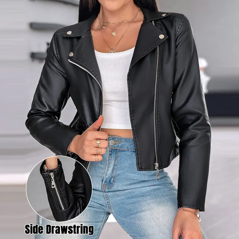 CHICME Women's Smooth PU Leather Biker Jacket, Chic Streetwear Style with Notched Collar, Pairs with Skirts and Dress, Soft, Piece, Pockets, Cropped, Casual Chic, Tops, Coats, Sleeve