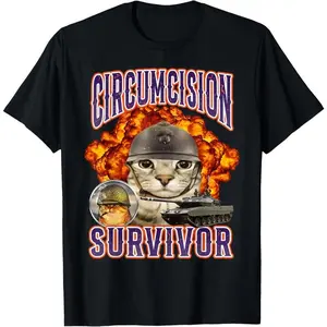 Circumcision Survivor Cat Meme Funny Casual Short Sleeve Cotton T-Shirt
