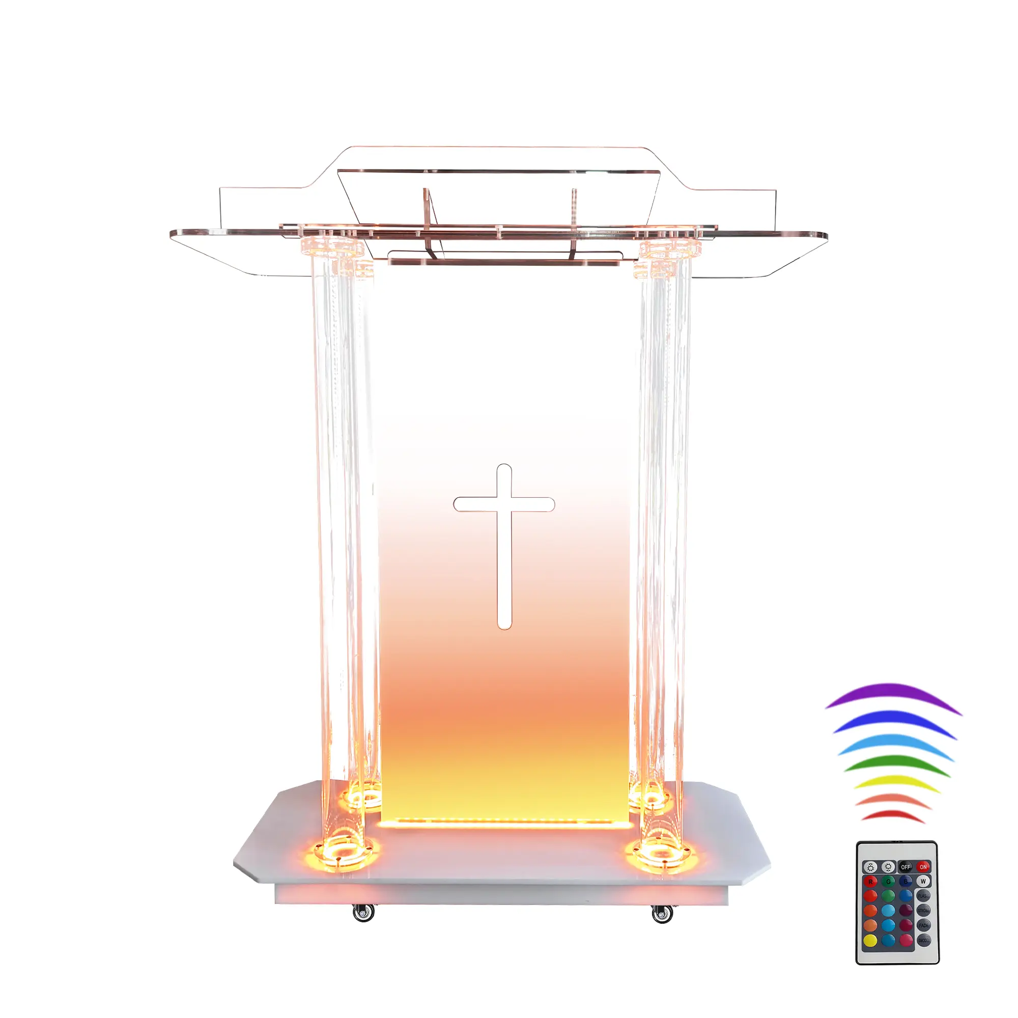 Pulpits with Wheel and LED Lights,Mobile Portable  Podiums,46” Clear Acrylic Podium with Vertical Reading Platform,for Wedding Concert Speech Classroom