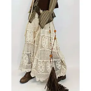 Women's Floral Crochet Hollow Out A Line Skirt, Boho Fashion Sheer Long Skirt for Beach Holiday Vacation, Ladies Bottoms for All Seasons