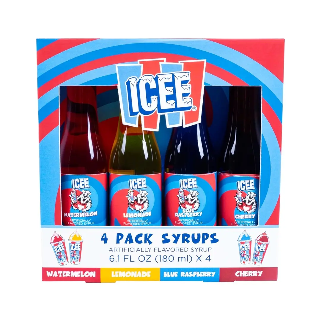 ICEE 4 Pack Slushie Syrup - Genuine ICEE Shaved Ice Snow Cone Syrup including Watermelon, Lemonade, Blue Raspberry & Cherry Flavors - 4x 6.1floz. Perfect For Snow Cones, Slushies, Sodas & Ice Pops