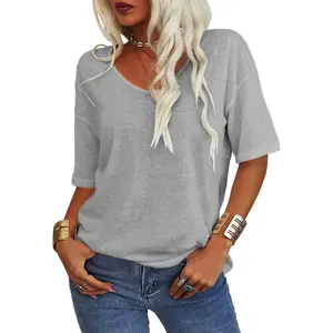 Beotyshow Women's Summer Fashion V-Neck Half Sleeves T Shirt Solid Casual Loose Basic Tunics Tops