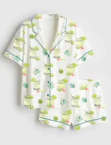 Women’s Cocktail Cactus Western Wine & Lemon Print Short Sleeve Silk Satin Pajama Set Soft Sleepwear