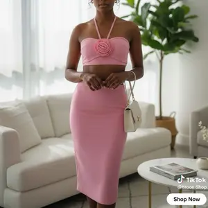 Blook Shop Pink Halter Top & Midi Skirt Set with Floral Detailing for Women's Fashion Womenswear Casual Matching Elegance