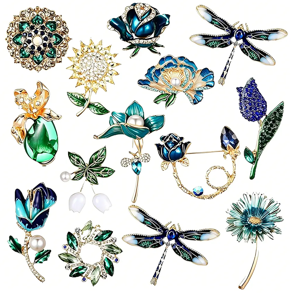 Women's 14-Piece Retro Flower Brooch Set - Vintage Oil-Dripping Dragonfly Design, Exquisite Pearl Crystal Rhinestone Brooches for Coats, Cardigans, Daily Casual Wear Embellishment