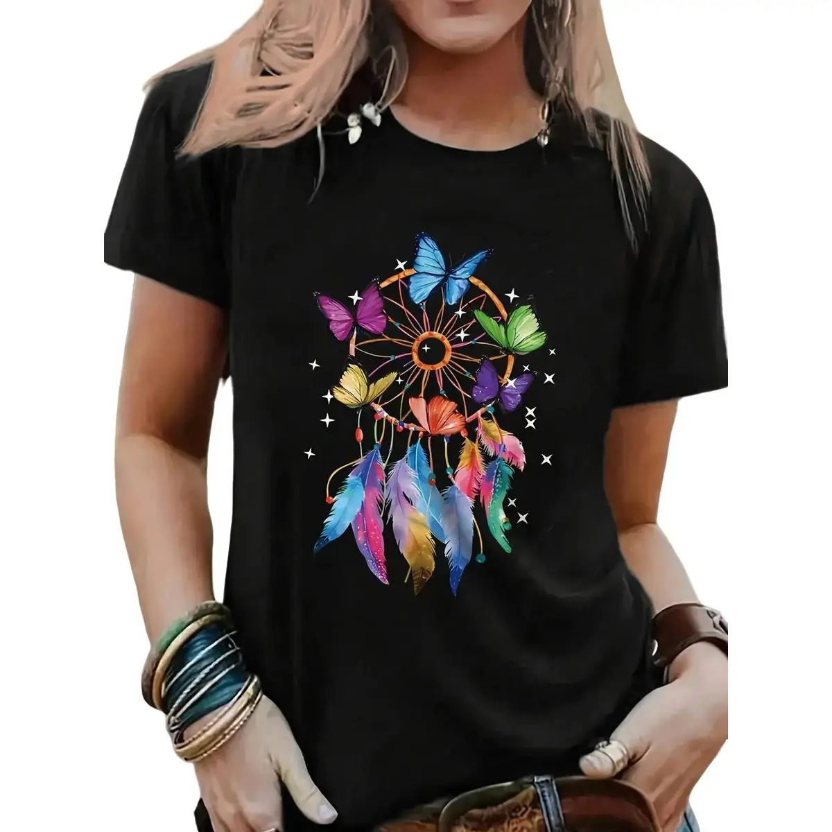 Butterfly Pattern Casual T-Shirt Women's Crew Neck Short Sleeve Regular Version 180g Knitted Fabric Black Elegant Everyday Outfit Tops